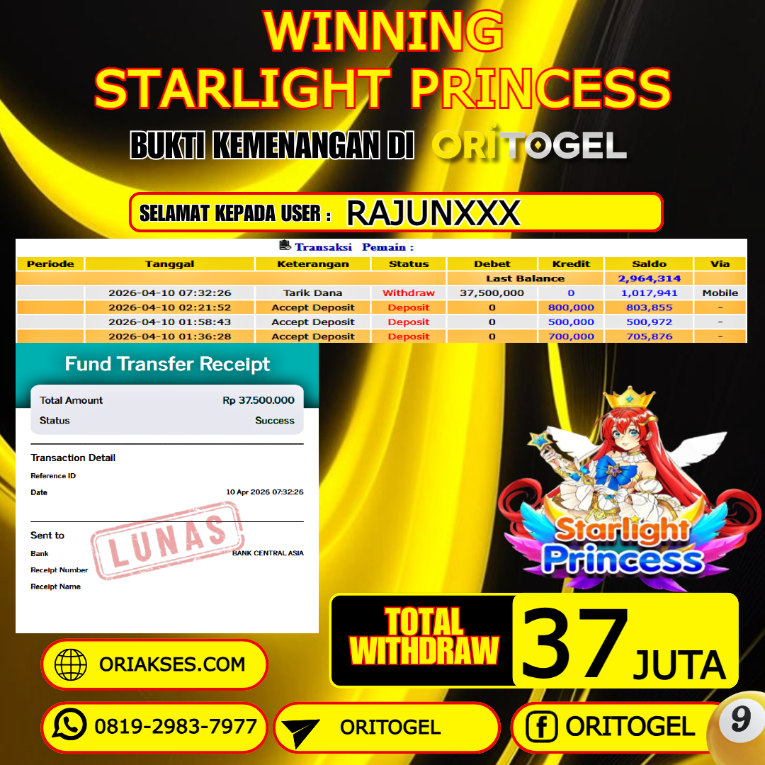 ORITOGEL JACKPOT SLOT STARLIGHT PRINCESS RP.37.000.000,- LUNAS USER ID : RAJUN***