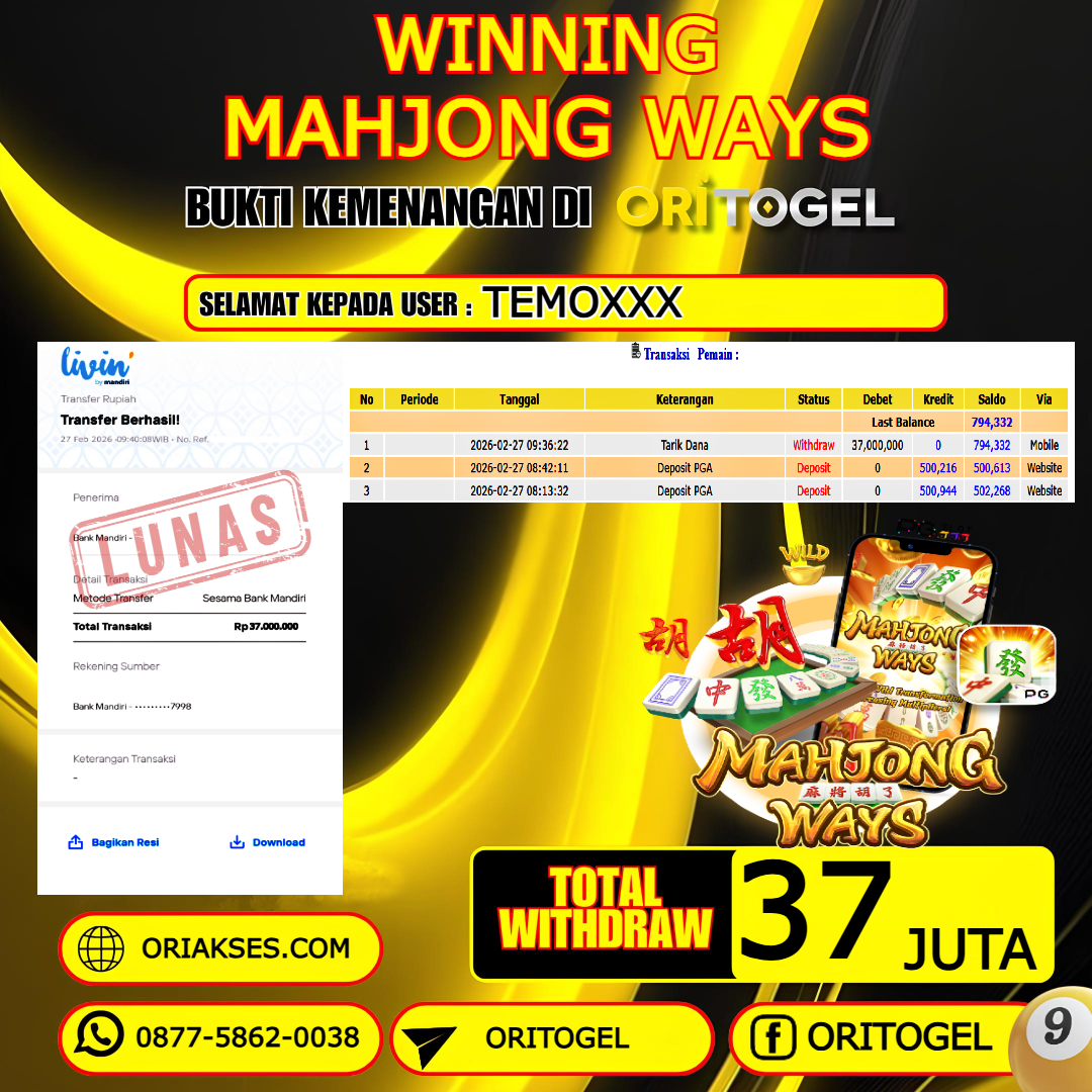    ORITOGEL JACKPOT SLOT MAHJONG WAYS RP.37.000.000,- LUNAS USER ID : TEMO***
