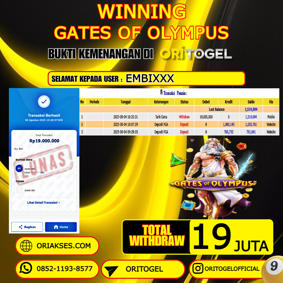 ORITOGEL JACKPOT SLOT GATES OF OLYMPUS RP.19.000.000,- LUNAS USER ID : EMBI***