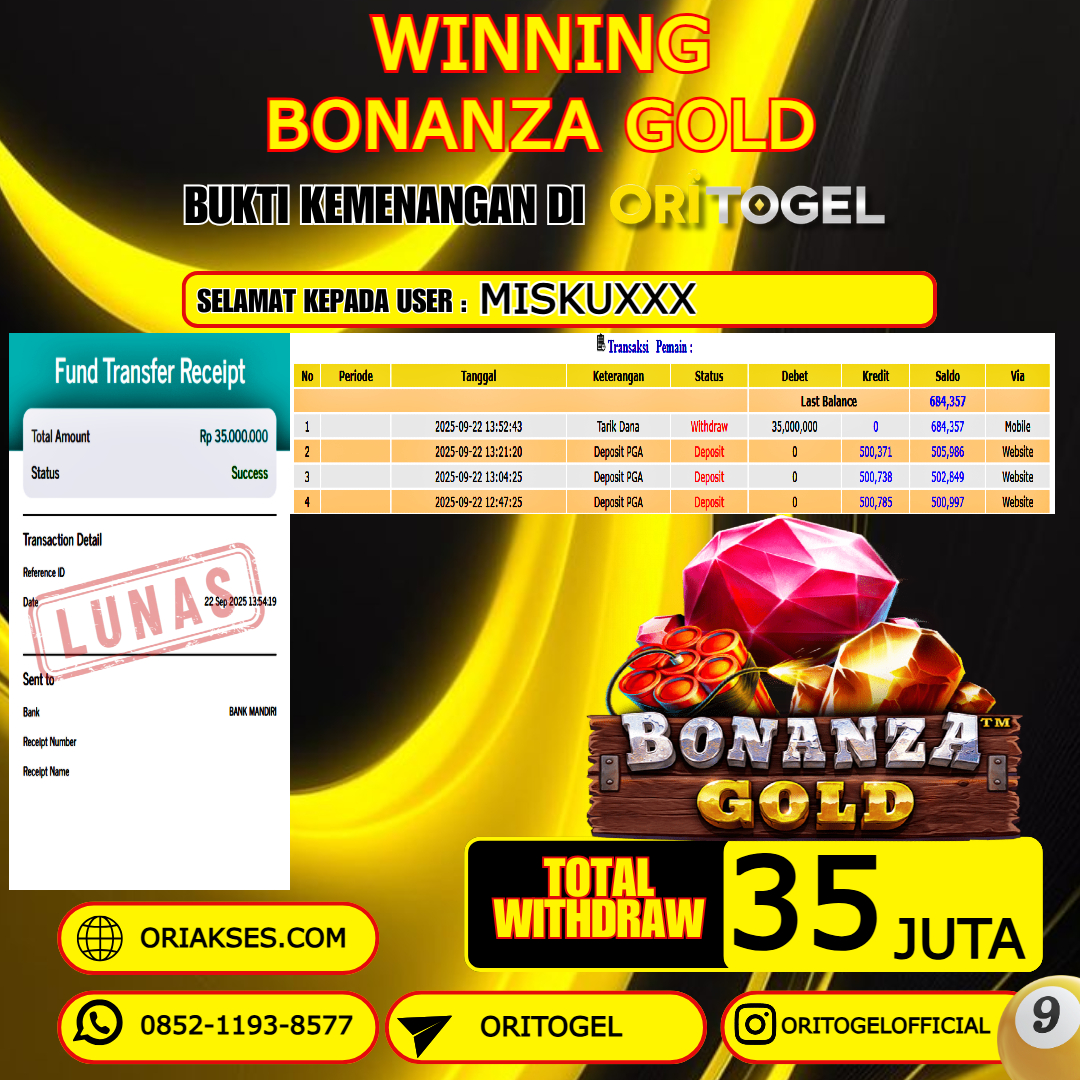 ORITOGEL JACKPOT SLOT BONANZA GOLD RP.35.000.000,- LUNAS USER ID : MISKU****