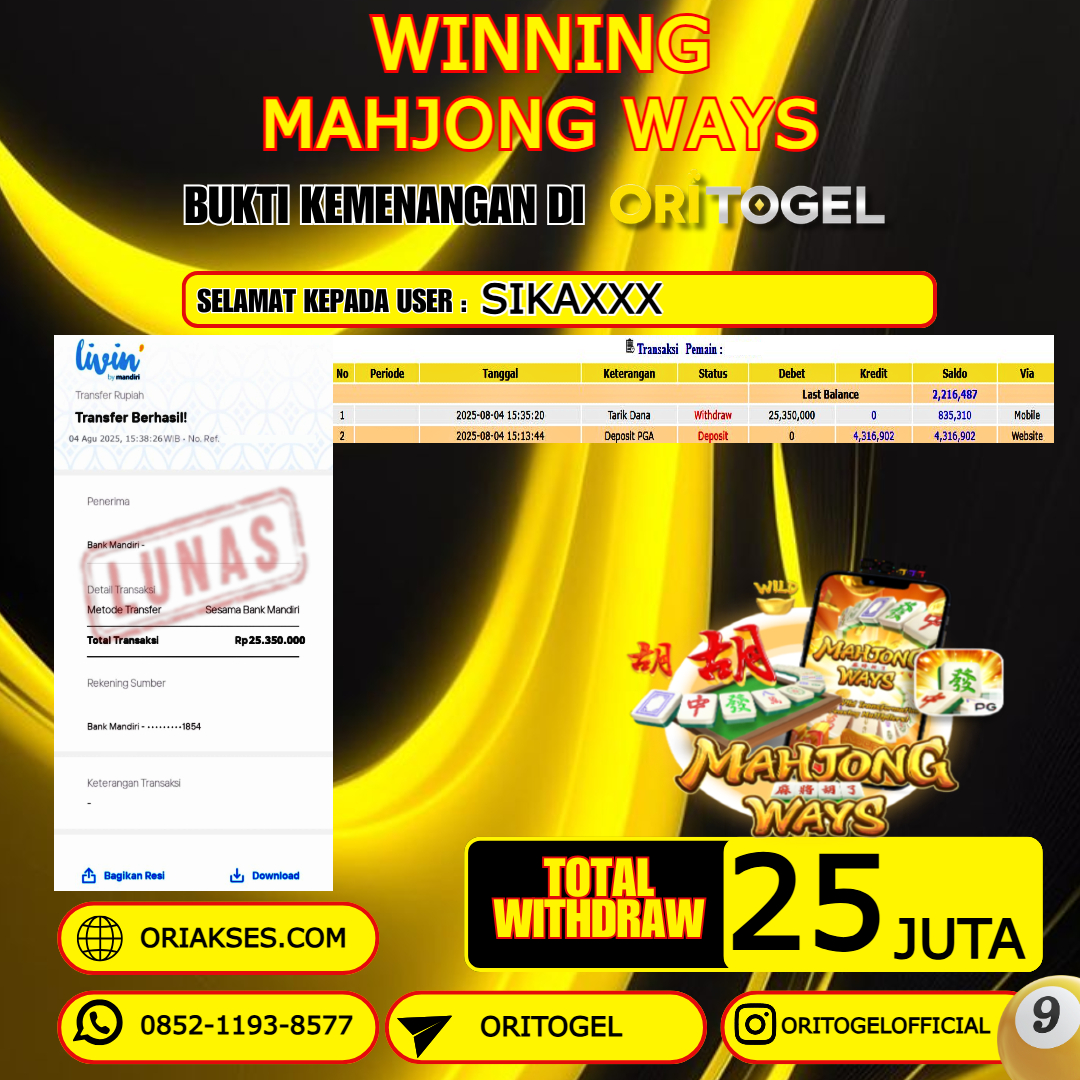 ORITOGEL JACKPOT SLOT MAHJONG WAYS  RP.25.000.000,- LUNAS USER ID : SIKA***
