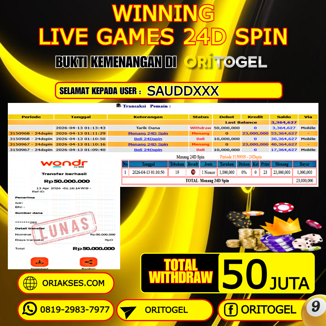 ORITOGEL JACKPOT LIVE GAMES 24D SPIN RP.50.000.000,- LUNAS USER ID : SAUDD***