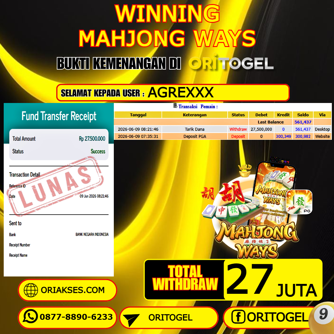 ORITOGEL JACKPOT SLOT MAHJONG WAYS RP.27.000.000,- LUNAS USER ID : AGRE****